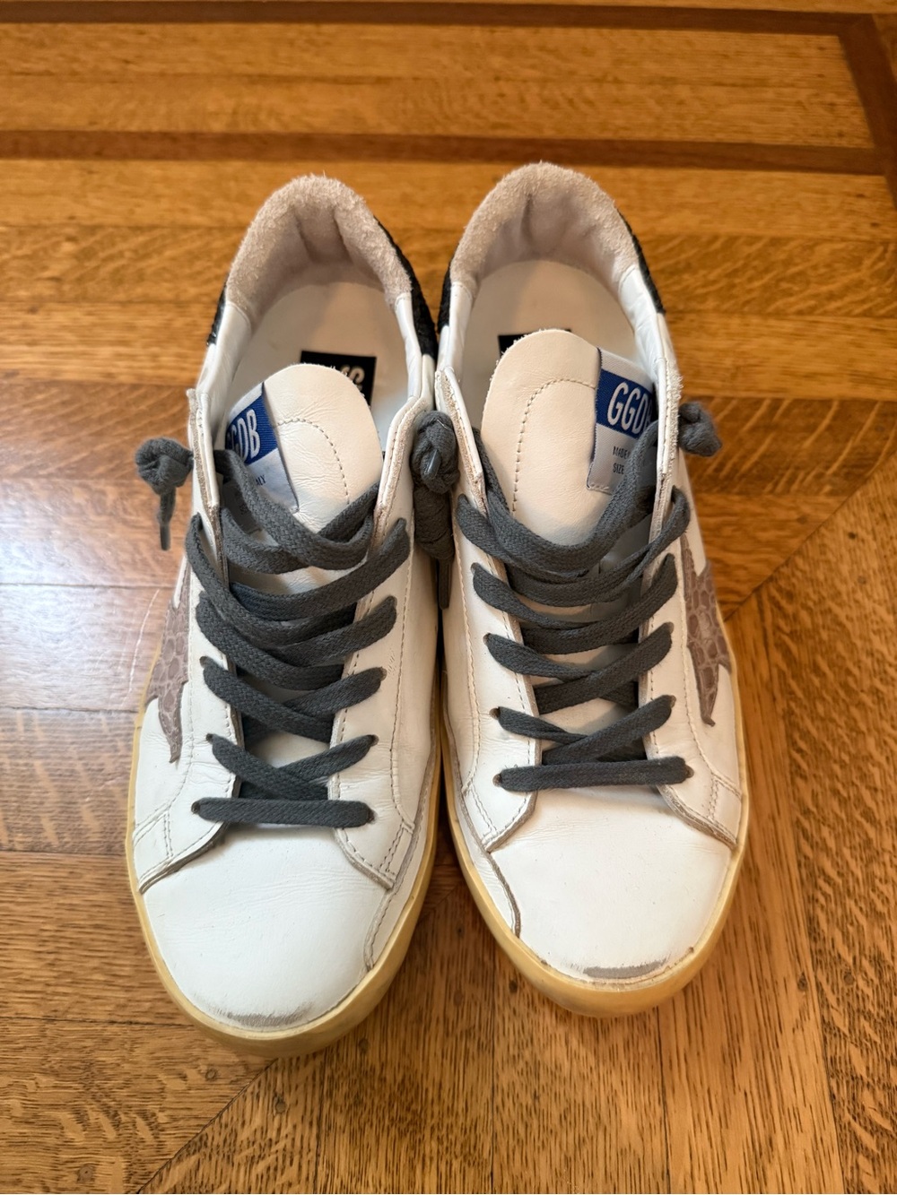 Golden Goose Superstar White Sneakers - Gray Laces, Crocodile Star, Glitter Back
